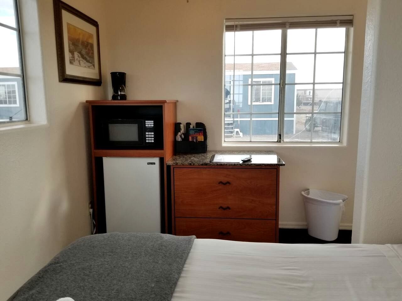 A small room with a bed, a microwave, a small refrigerator, a window with a view, and a trash bin.