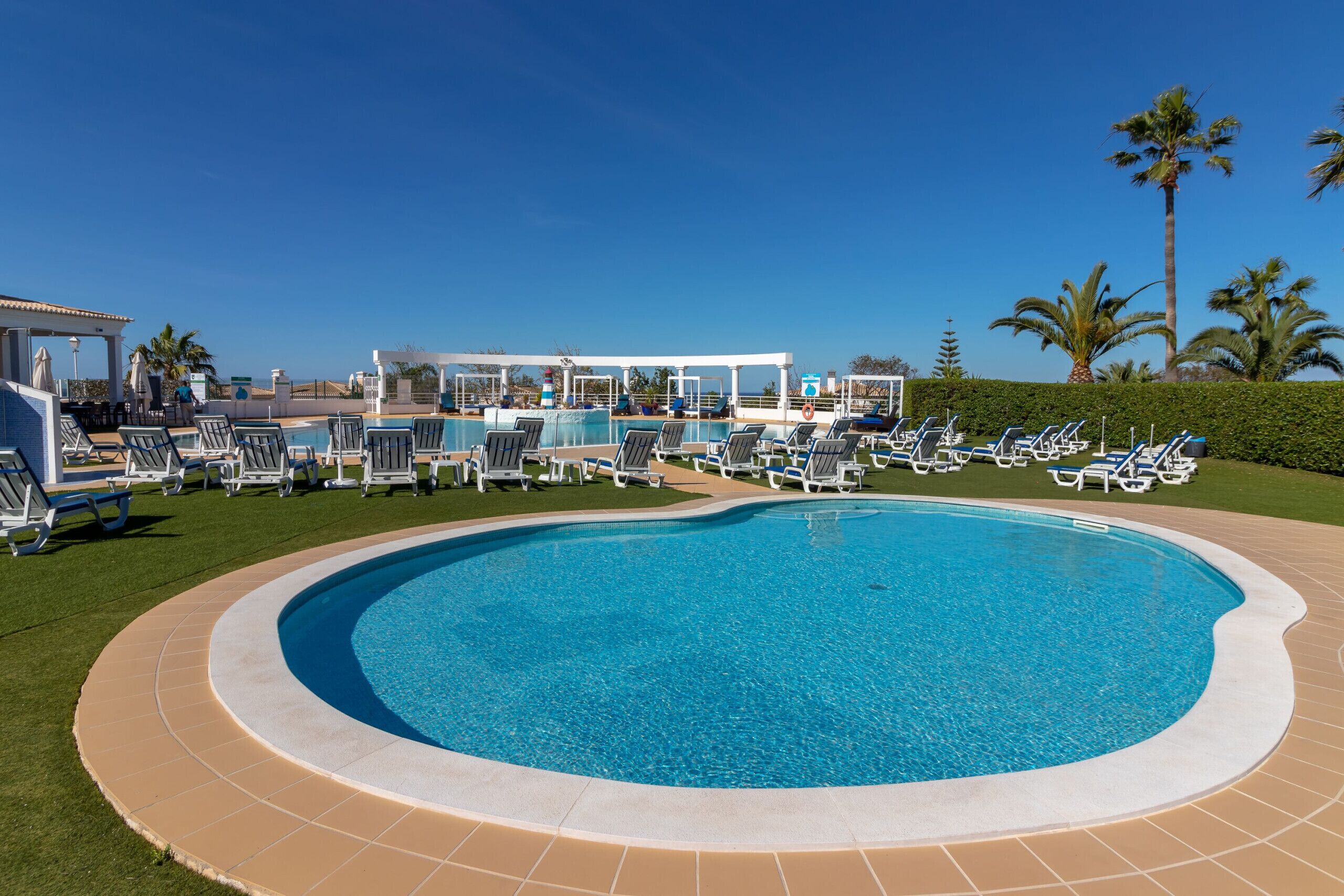 A swimming pool with lounge chairs and a covered area, surrounded by palm trees and a clear sky.