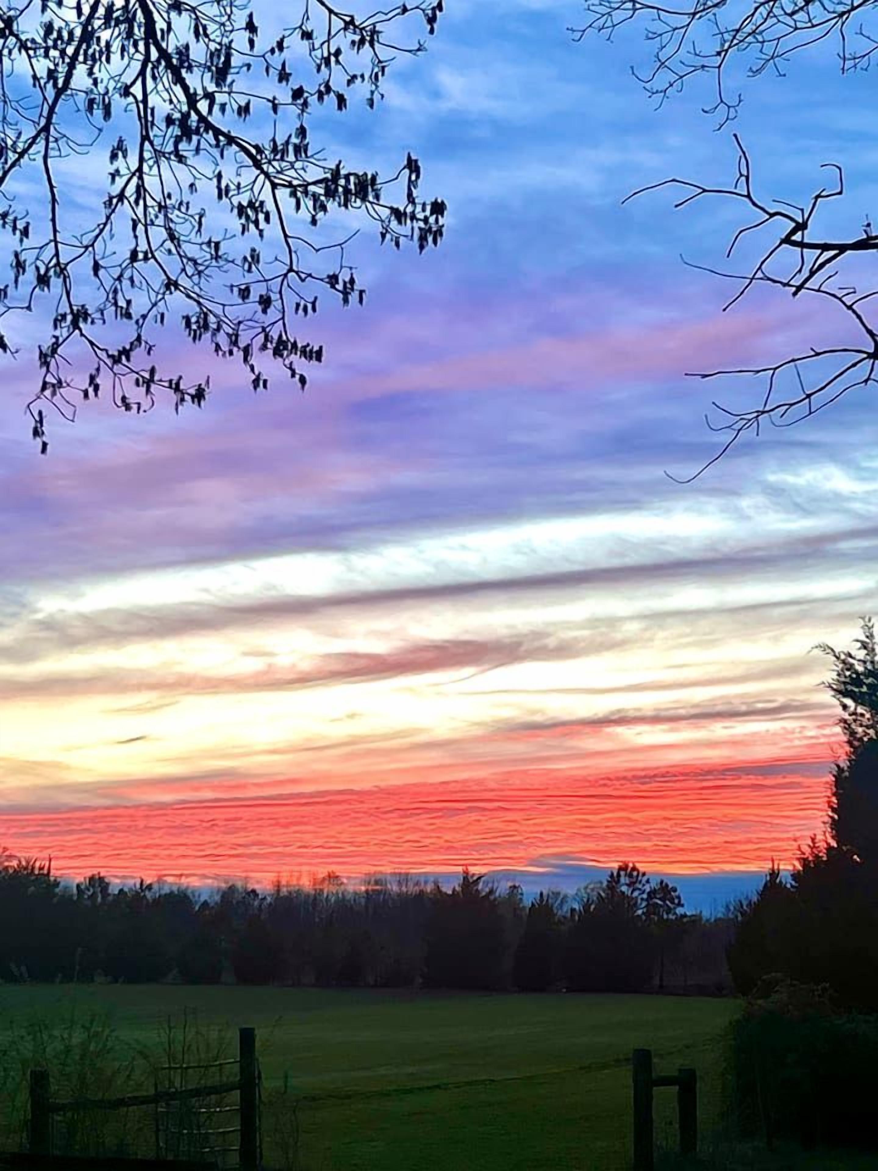 Un coucher de soleil sur un champ herbeux, avec une clôture au premier plan.