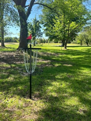 Un panier de disc golf dans un parc, avec des arbres et de l’herbe.