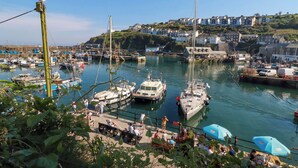 A marina with boats docked, a dock with people, and houses on a hill in the background. - Trewollock (St Austell)