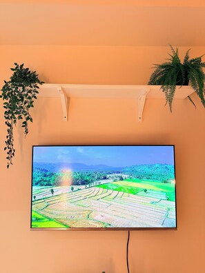 Ein Flachbildfernseher an der Wand befestigt, darüber ein weißes Regal, das eine Landschaft zeigt.