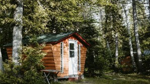 A log cabin with a small porch and a table, surrounded by dense forest.