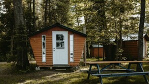 A small wooden cabin with a white door, surrounded by trees.