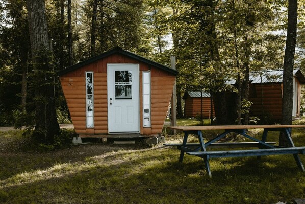 A small wooden cabin with a white door, surrounded by trees.