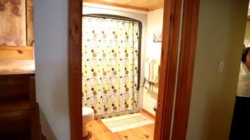 A wooden interior with a shower curtain, a toilet, and a wooden floor.