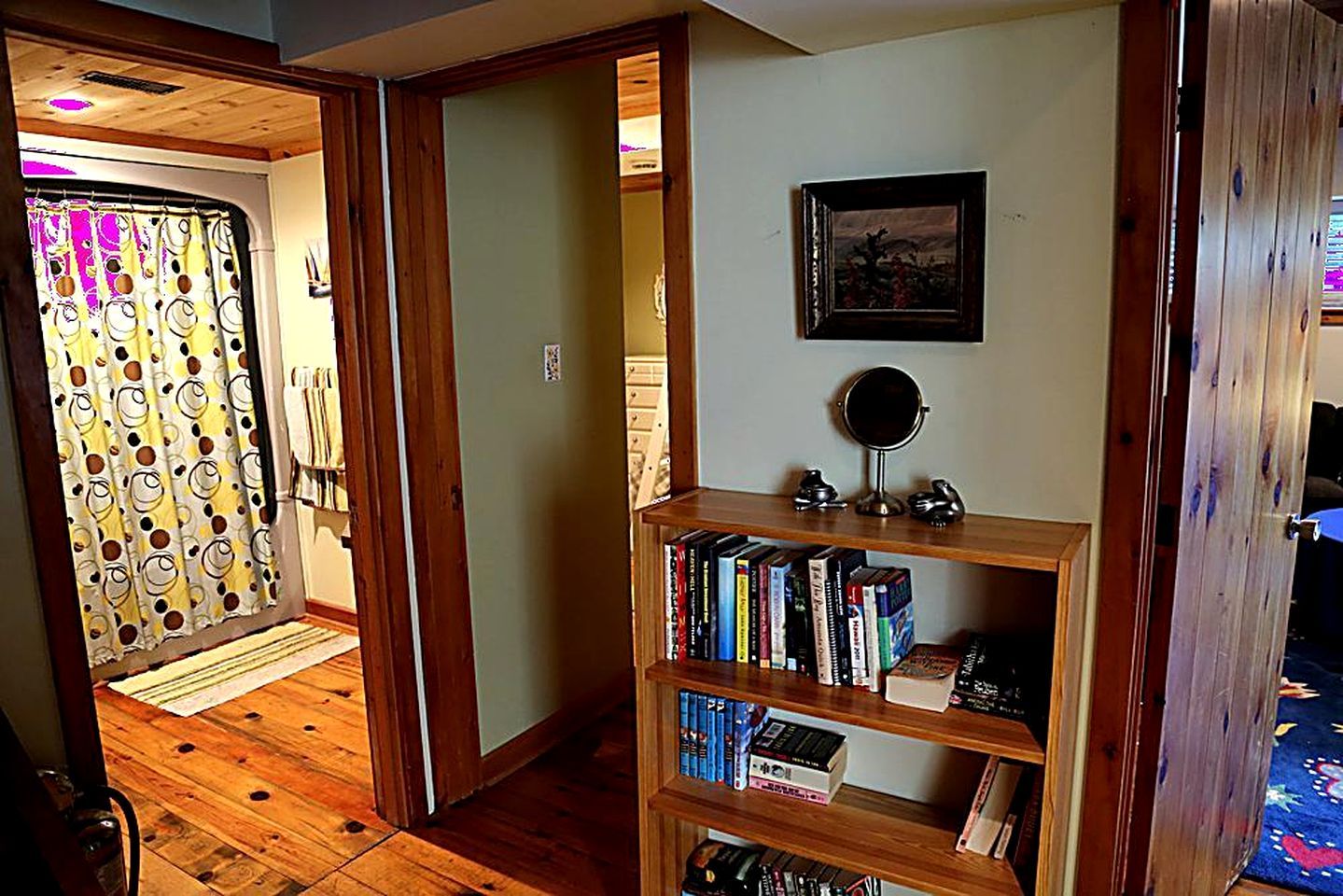 A hallway with wooden flooring, a bookshelf with books, a mirror, and a door with a curtain.