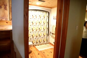 Un interior de madera con cortina de ducha, inodoro y suelo de madera.