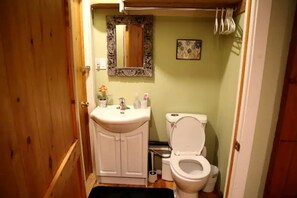 Un baño con lavamanos blanco, espejo, inodoro y una pequeña planta en maceta.