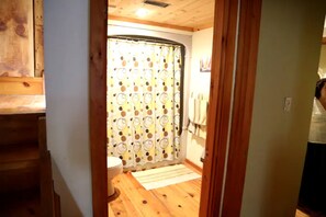Un intérieur en bois avec un rideau de douche, des toilettes et un plancher en bois.