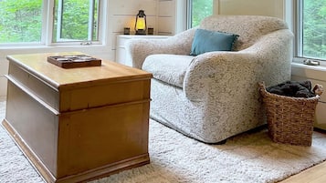 Een kamer met een houten dressoir, een gestreept fauteuil met kussen, een rieten mand en een vloerkleed.