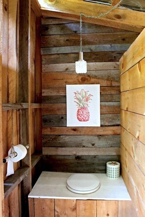 A rustic wooden cabin interior with a wooden ceiling, a hanging light fixture, a framed pineapple artwork, a white sink with a mirror, and a toilet with a roll of toilet paper. - Charming Cabin Rental on Deer Lake in Ontario, Canada (South River)