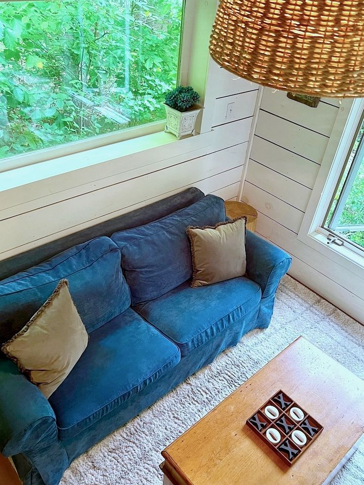 A blue sofa with cushions, a wooden coffee table with a game, and a view of greenery through a window.