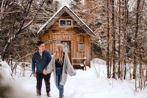 A wooden cabin labeled 'The Cabin' with a snow-covered path leading to it, surrounded by bare trees. - Charming Cabin Rental on Deer Lake in Ontario, Canada (South River)