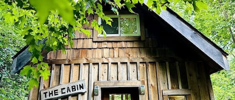 A wooden cabin with a sign reading 'THE CABIN,' a window, and a door.