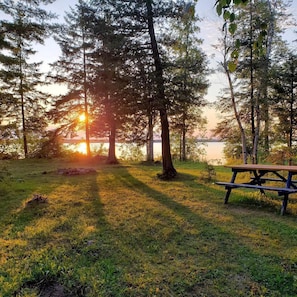 Ein Picknicktisch in einer grünen Wiese, im Hintergrund Bäume und ein Gewässer.
