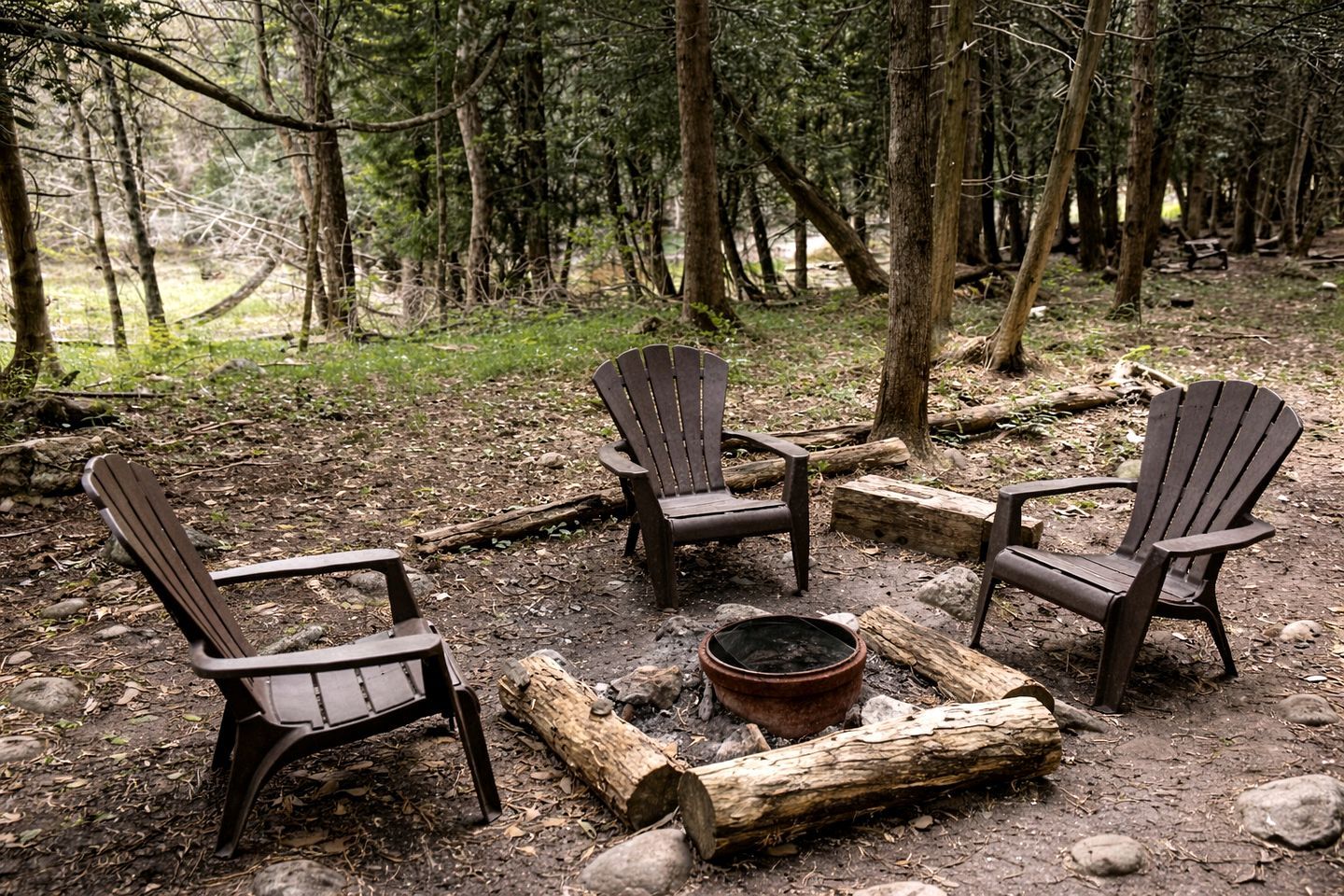 A campsite with three Adirondack chairs arranged around a campfire, surrounded by trees and natural terrain.