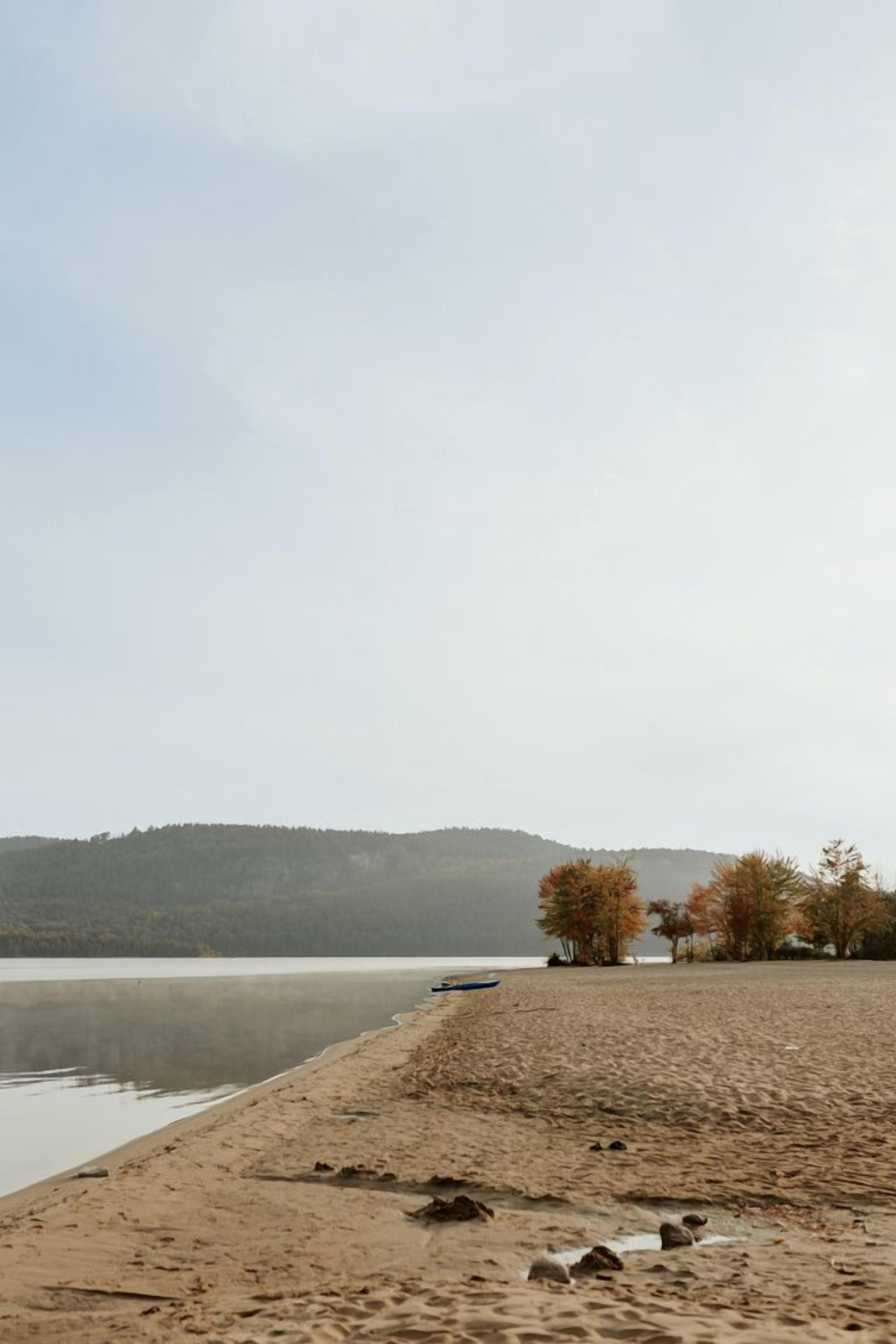 A beach with a calm lake, trees, and a distant hill.