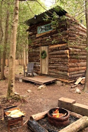 Une cabane rustique en rondins de bois, dotée d’un porche, d’un foyer et d’une chaise.