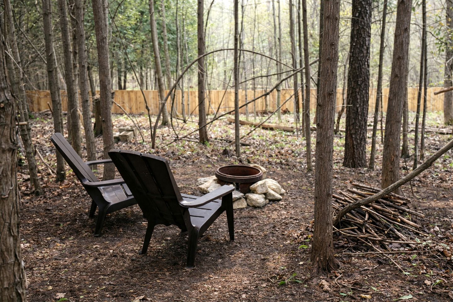 A forested area with a wooden chair and a metal bowl on the ground.