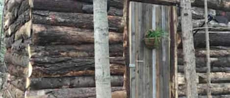 Una cabaña de troncos con puerta de madera, un porche pequeño y una ventana con vistas del entorno.