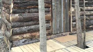 Eine Blockhütte mit Holztür, einer kleinen Veranda und einem Fenster mit Blick auf die Umgebung.
