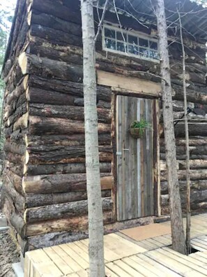 A log cabin with a wooden door, a small porch, and a window with a view of the surrounding area.
