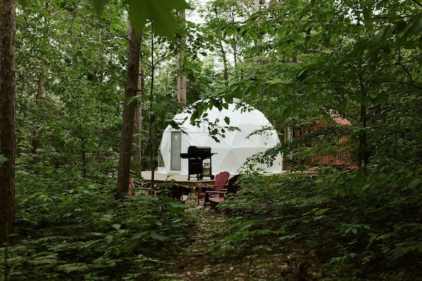 A dome-shaped tent in a forest with a grill and chairs outside.