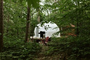 Une tente en forme de dôme, installée dans une forêt, avec un barbecue et des chaises à l’extérieur.