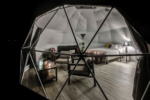 Ein Raum in Form einer Geodätischen Kuppel mit einem Bett, einer Sitzecke und einem kleinen Tisch mit einer Pflanze.
