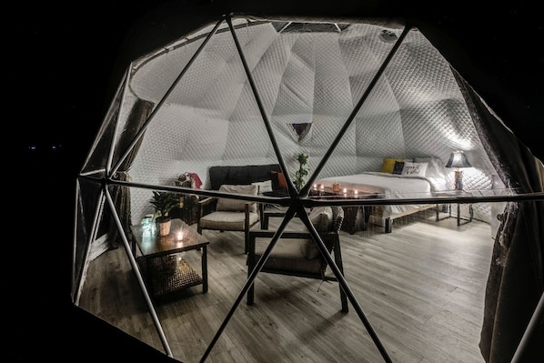 Una habitación en forma de domo geodésico con cama, zona de estar y una pequeña mesa con una planta.