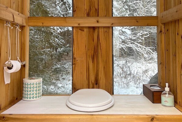 Baño de cabaña de madera con inodoro, papel higiénico, dispensador de gel antibacterial y un recipiente estampado.