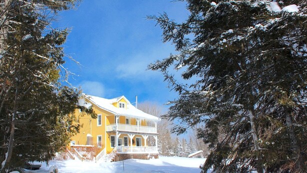 Una casa amarilla con porche, rodeada de árboles cubiertos de nieve.