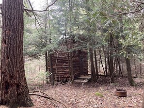A rustic log cabin surrounded by trees in a forest.