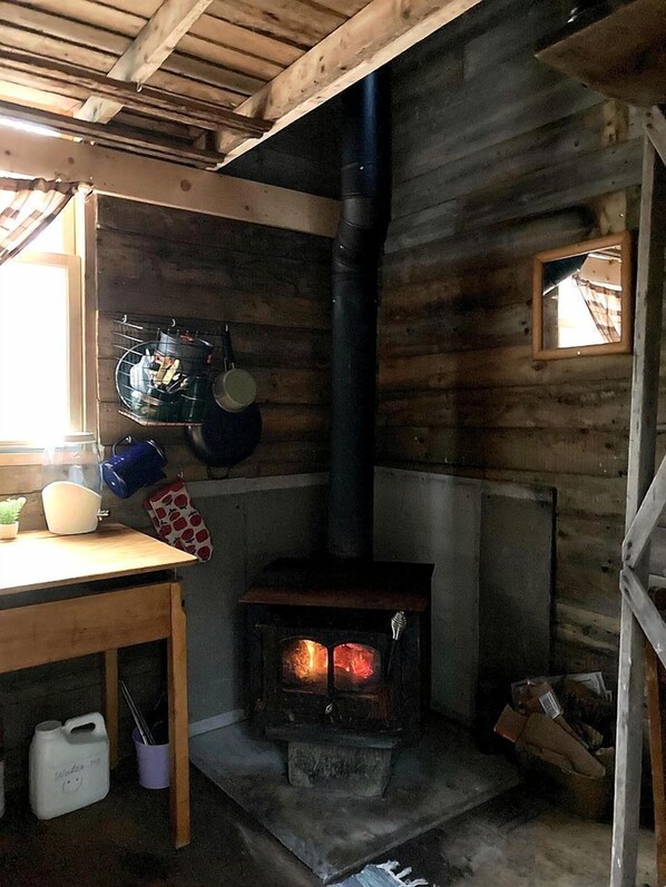 A rustic cabin interior with a wood-burning stove, wooden walls, a table with kitchenware, and a window.