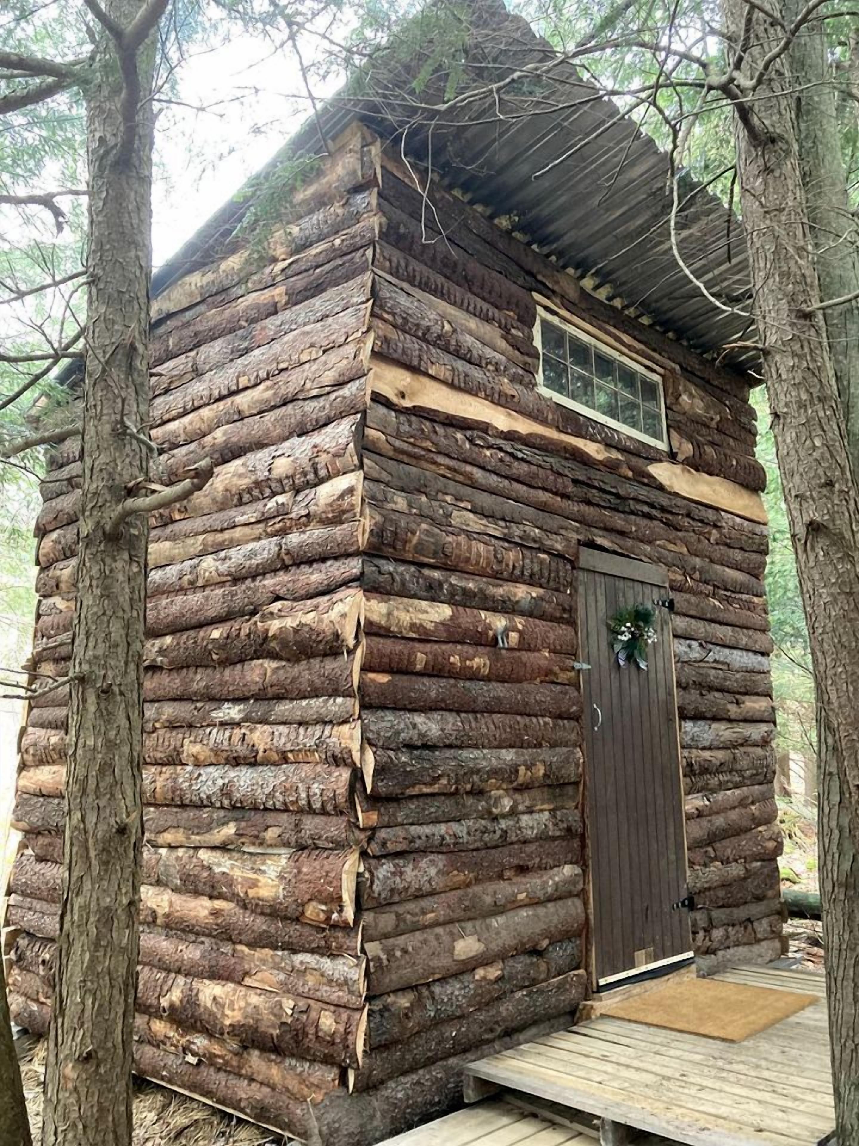 Una cabaña rústica de troncos con puerta de madera, una ventana pequeña y un porche.
