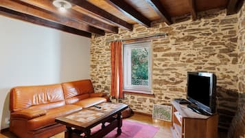 A cozy living room with a leather sofa, a wooden coffee table, a television on a wooden stand, and a stone wall.