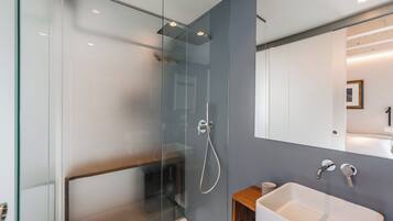 A modern bathroom with a glass shower enclosure, a white sink, and a wooden cabinet.