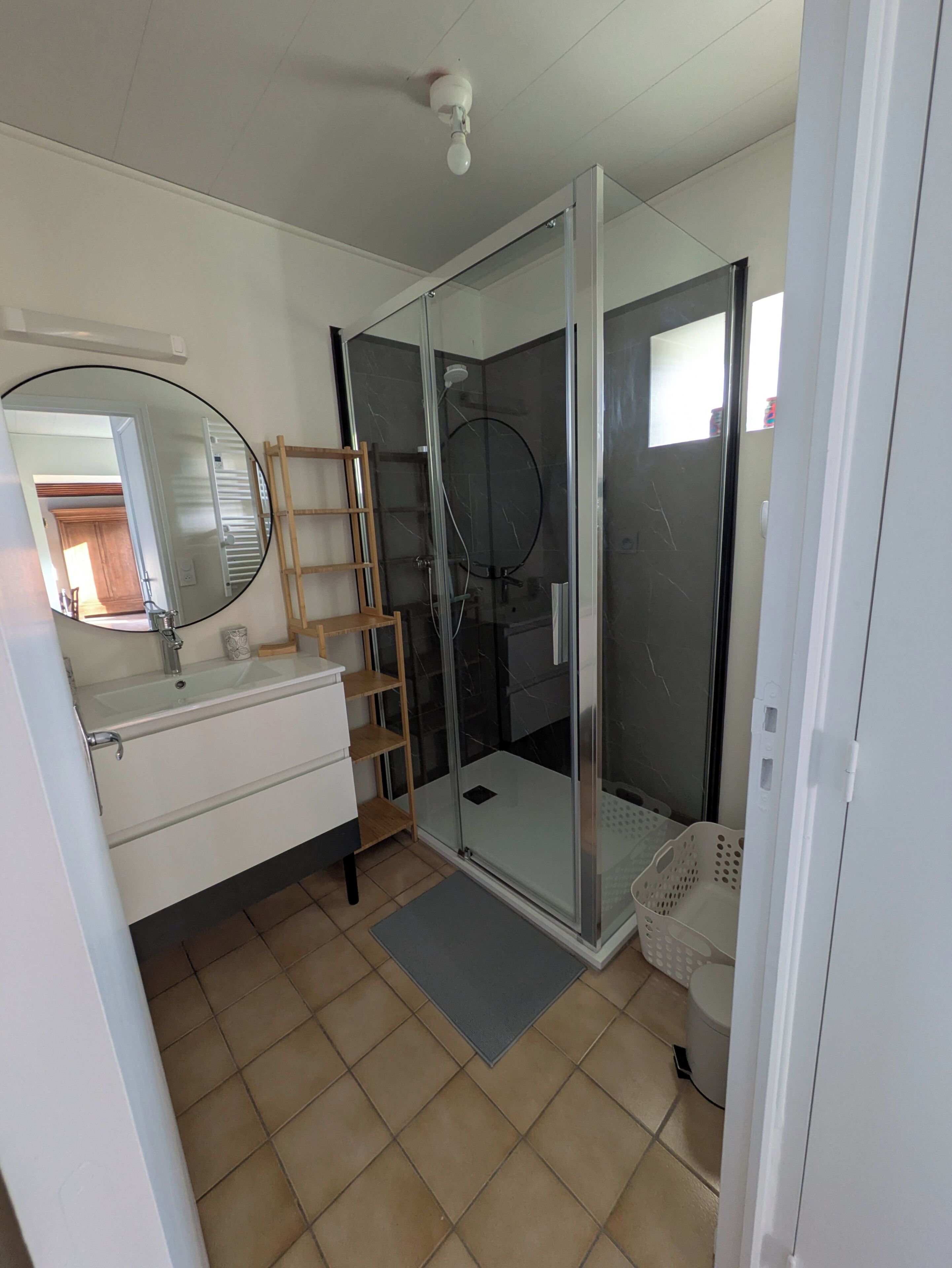 A bathroom with a glass shower enclosure, a white sink, and a mirror.