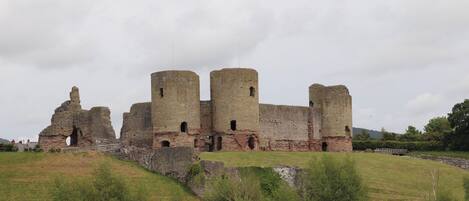 Un château historique doté de nombreuses tours et de vestiges, entouré d’un paysage verdoyant.