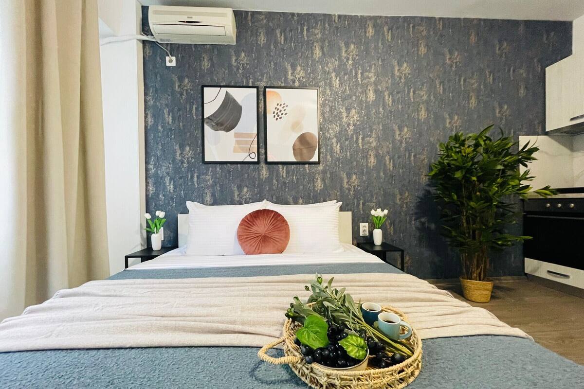 A bedroom with a bed, a bedside table, a wall-mounted air conditioner, two framed pictures, a potted plant, and a wicker basket with fruits and flowers.