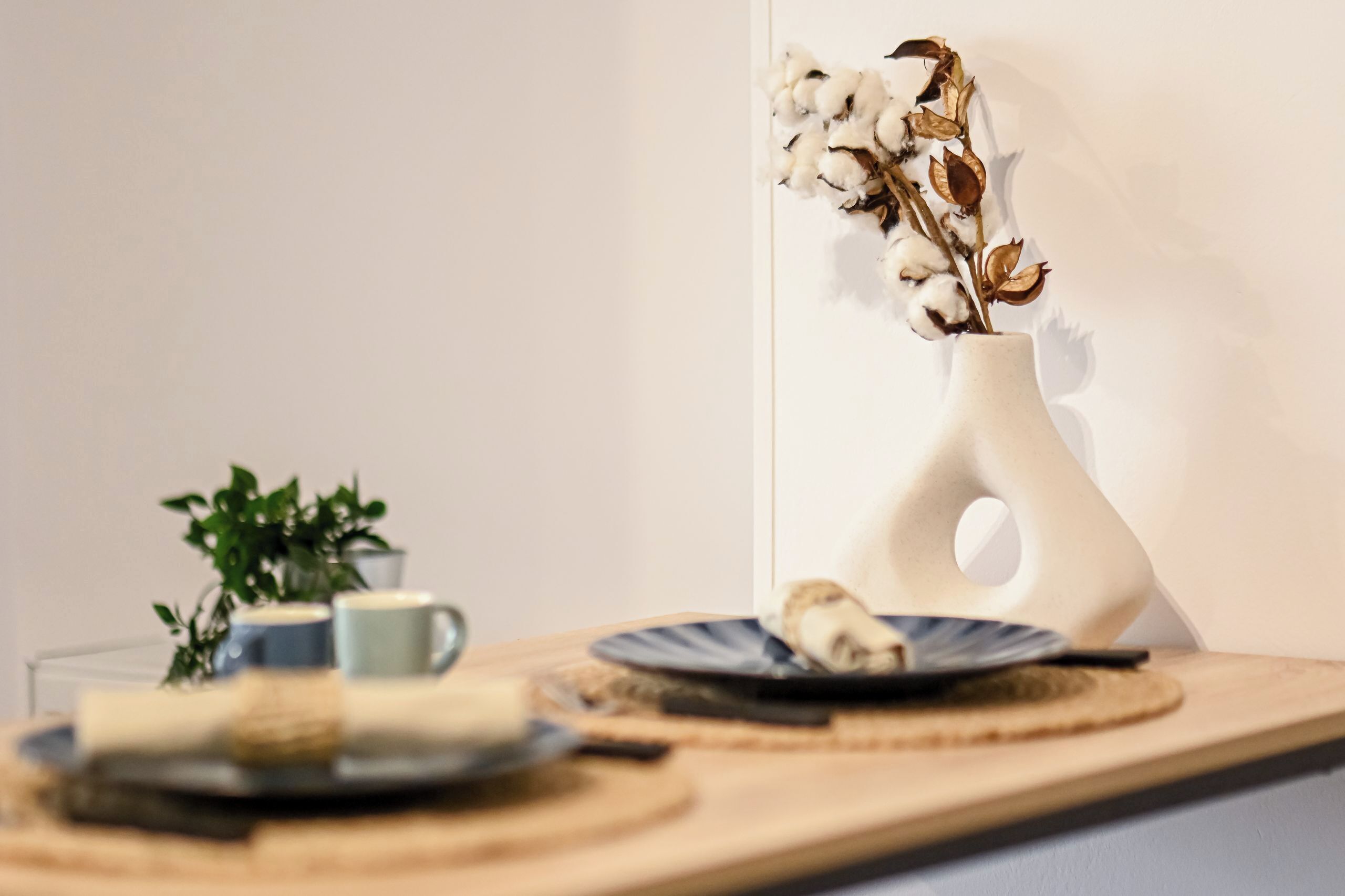 Ein Esstisch mit Tellern, einer Vase mit getrockneten Blumen und einer Pflanze im Hintergrund.