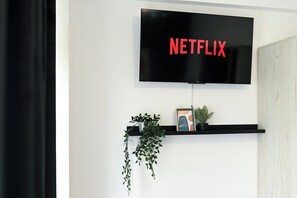 Un televisor de pantalla plana montado en una pared blanca con el logotipo de Netflix. Debajo del televisor, hay un estante negro con un cuadro enmarcado y una planta pequeña.