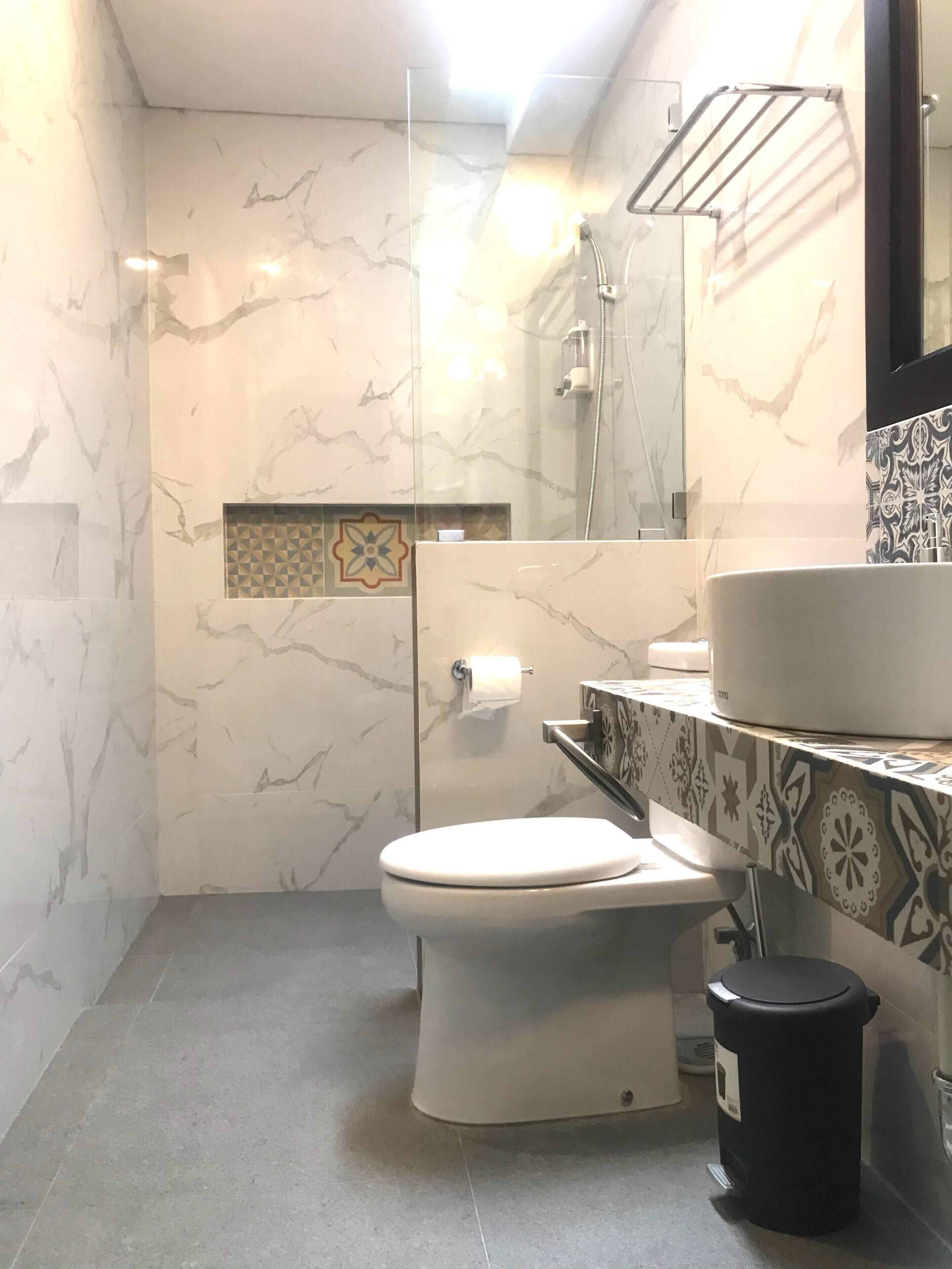 Shower, hair dryer, bidet, towels