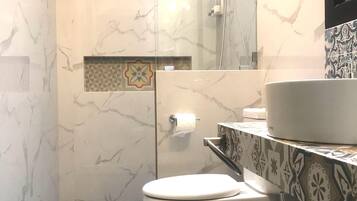 Shower, hair dryer, bidet, towels