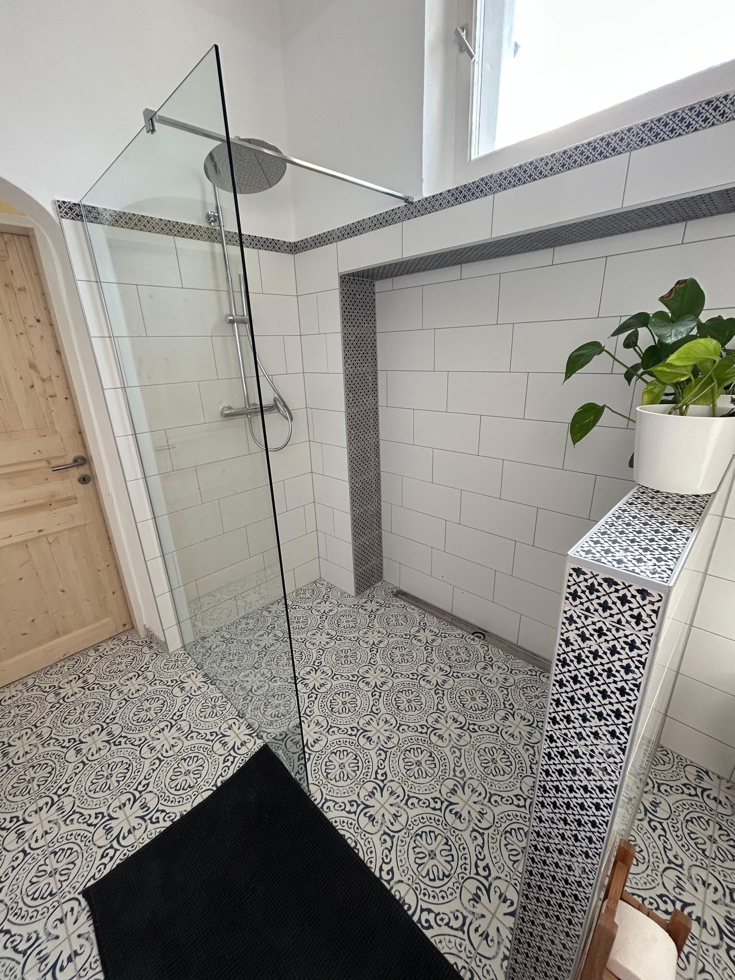 A bathroom with a glass shower enclosure, patterned floor tiles, and a potted plant.