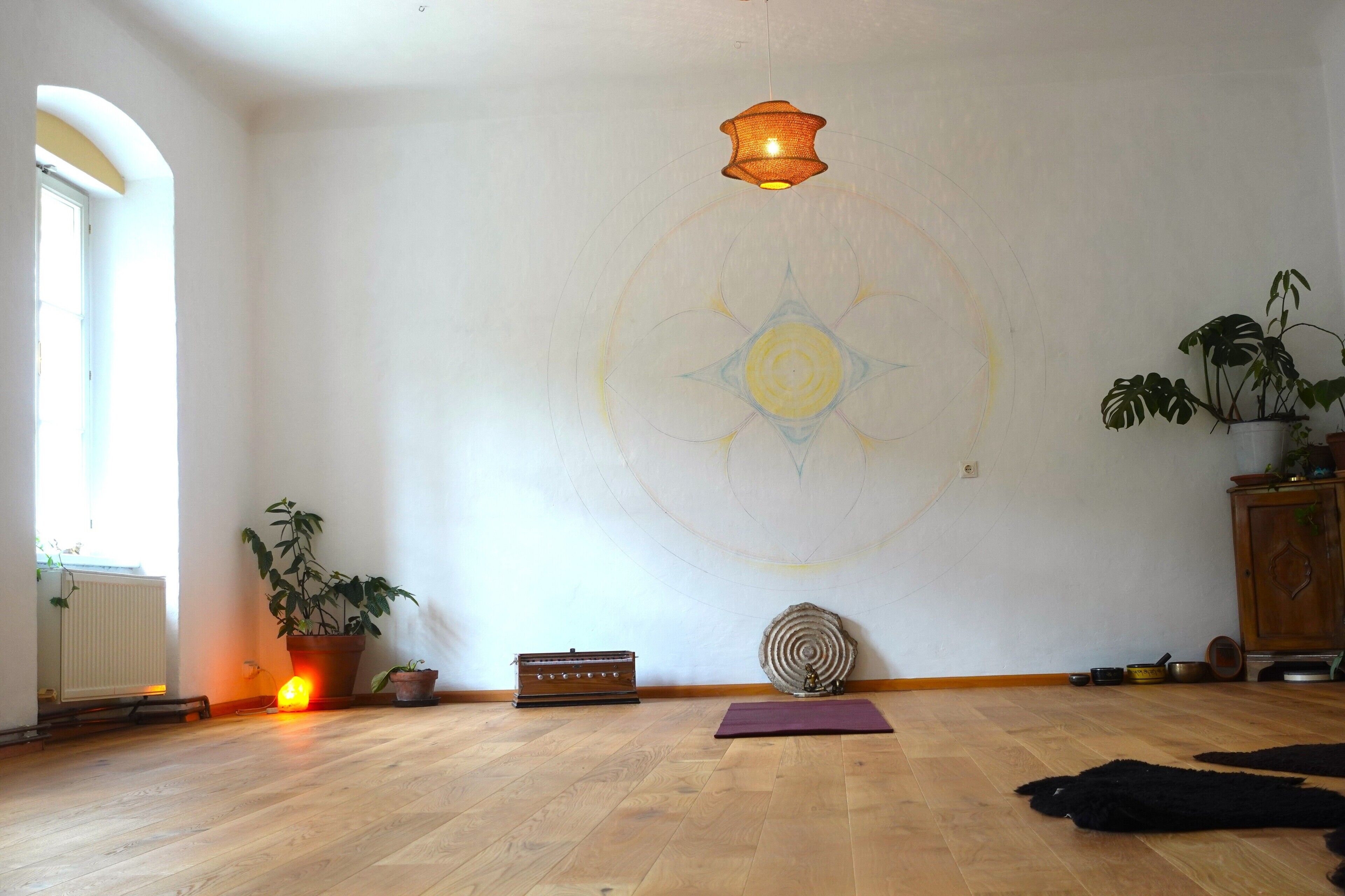 Una habitación con suelo de madera, una esterilla de yoga, una planta en maceta, un radiador y una pared con un diseño circular.