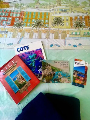A travel brochure collection on a table with a cityscape illustration. - Apartment in the center of Nice (Nice)