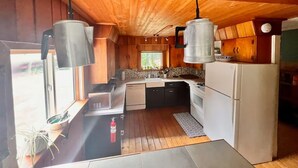 Een kleine keuken met houten wanden, een koelkast, een spoelbak en een kookplaat.