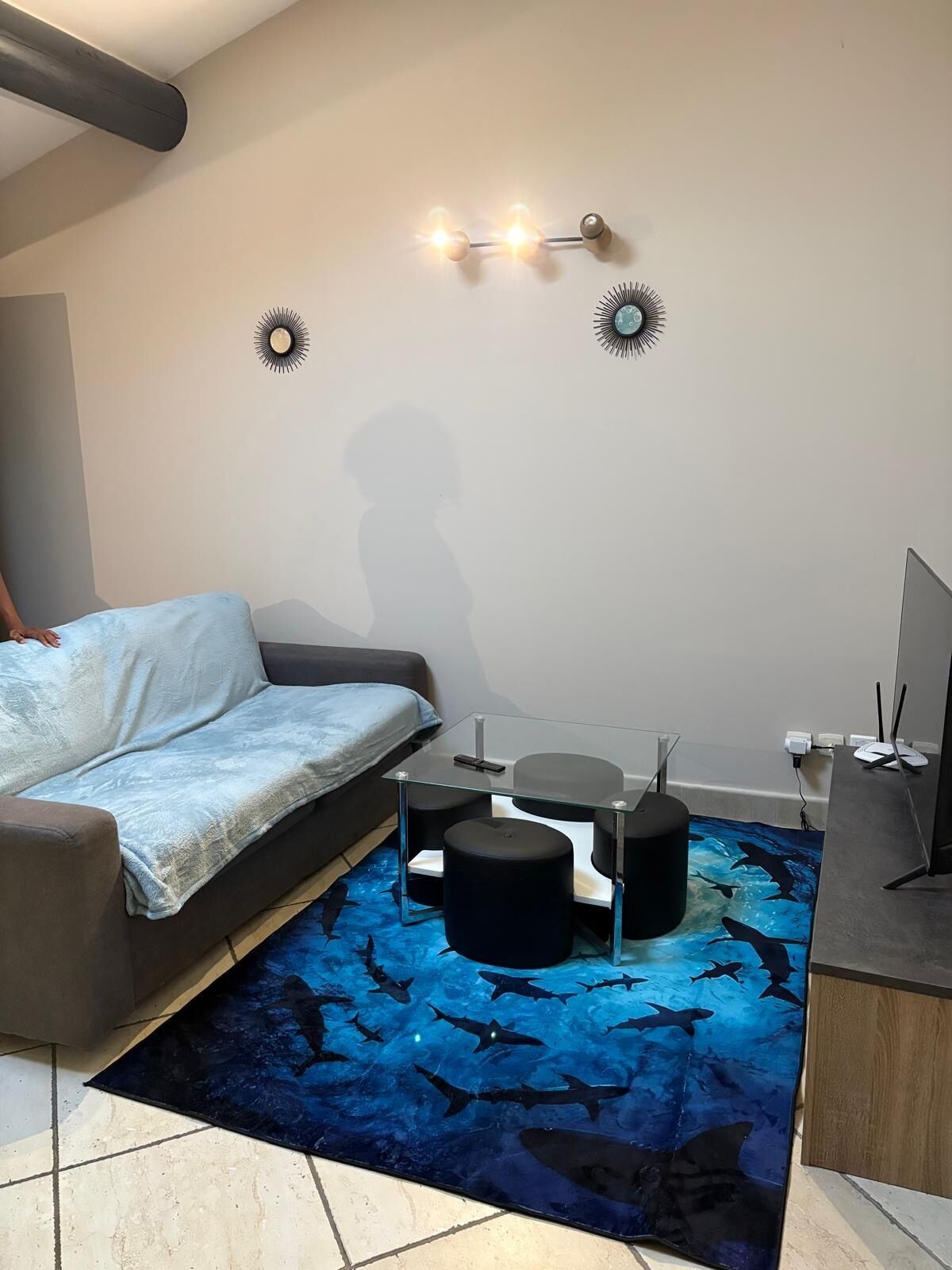 En moderne stue med en sofa, et sofabord i glas, et tæppe med hajemotiver, et fjernsyn og en vægmonteret lampe.